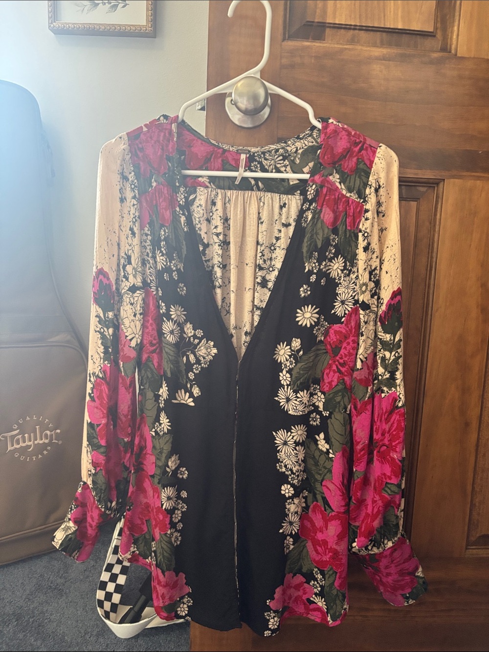 Free People Floral Open-Front Top in Fuchsia, Olive & Cream